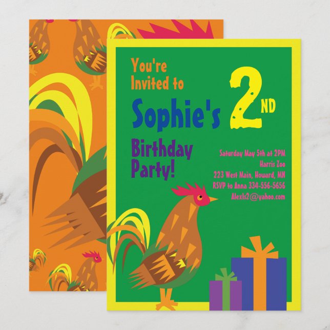 Rooster Animal Kid's Birthday Party Invitations (Front/Back)