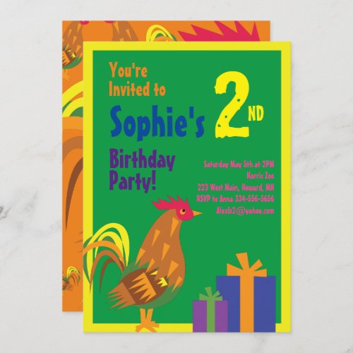 Rooster Animal Kids Birthday Party Invitations