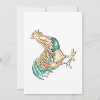 Invitation card decorated with a colorful illustration of a rooster