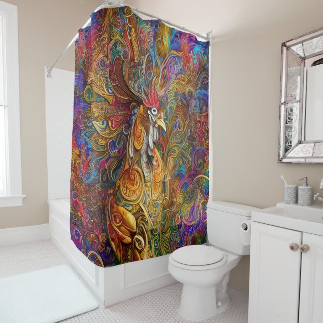 Rooster Art: A Feathered Masterpiece  Shower Curtain (In Situ)