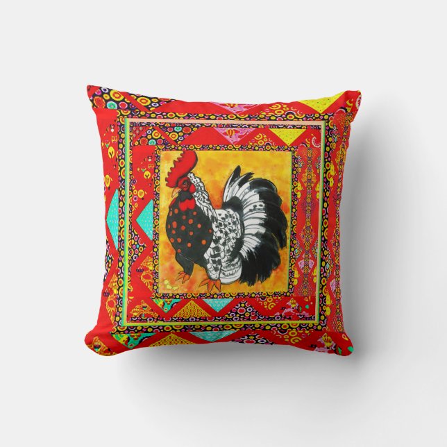 Rooster Art with Red Borders Throw Pillow (Front)
