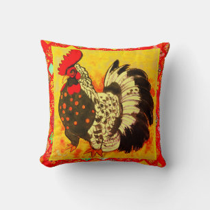 Rooster Art with Red Decorative Border Throw Pillow