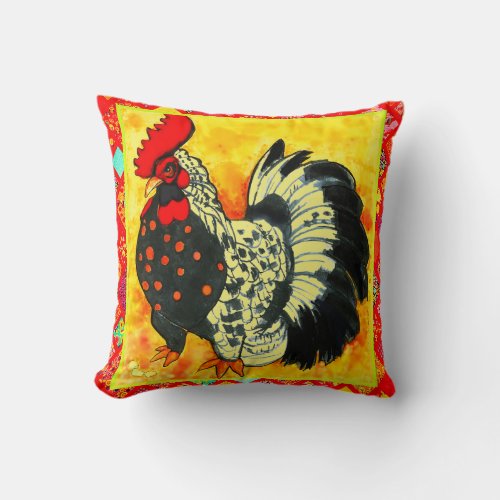 Rooster Art with Red Decorative Border Throw Pillow