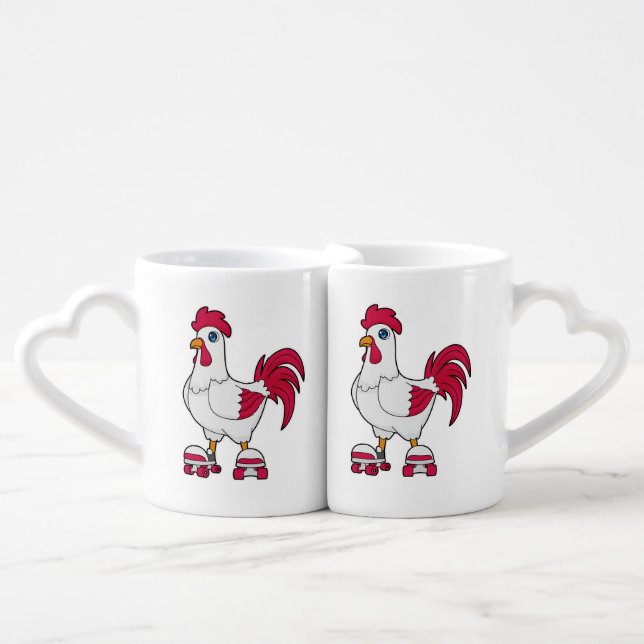 Rooster at Inline skating with Roller skates Coffee Mug Set (Front Nesting)