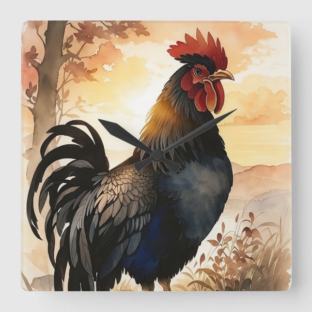 Rooster at Sunrise Square Wall Clock (Front)