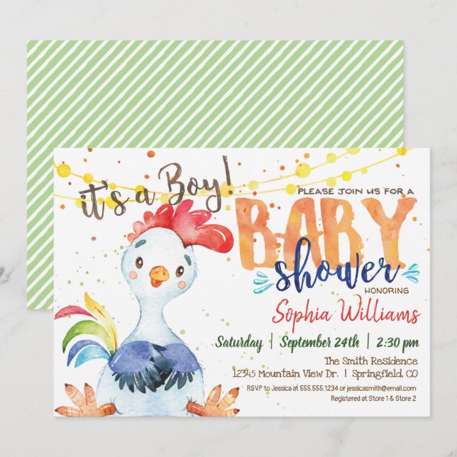 Rooster Baby Shower invitation, Boy, Farm Invitation (Front/Back)