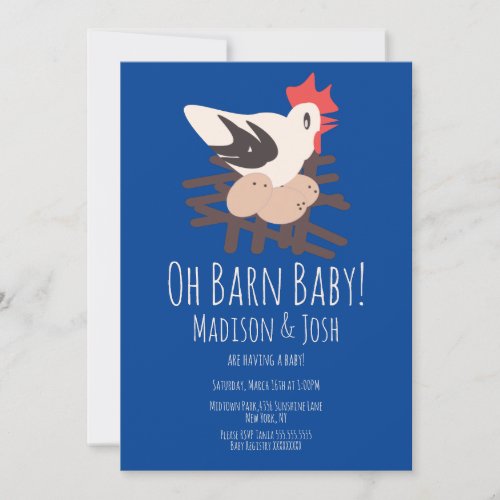 Rooster Barn Animals Farm Baby Shower Art Blue Invitation