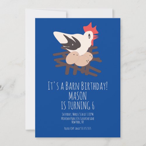 Rooster Barn Animals Farm Birthday Art Blue  Invitation