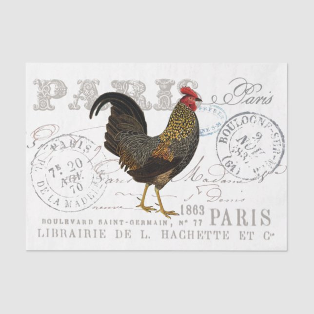 Rooster Bird Farmhouse French Script Decoupage Tissue Paper (Front)