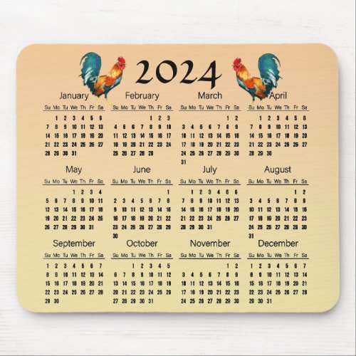 Rooster Birds 2024 Animal Nature Calendar Mousepad