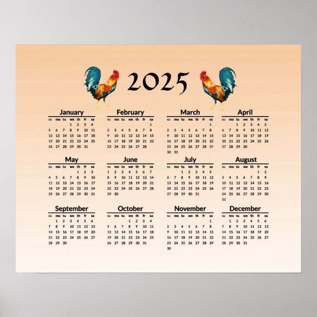 Rooster Birds 2025 Calendar Poster