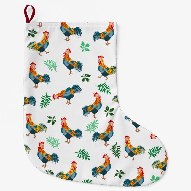Rooster birds pattern large christmas stocking (Front)