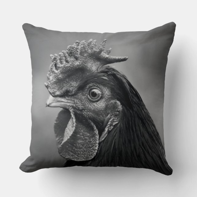 Rooster Black and White Throw Pillow (Front)