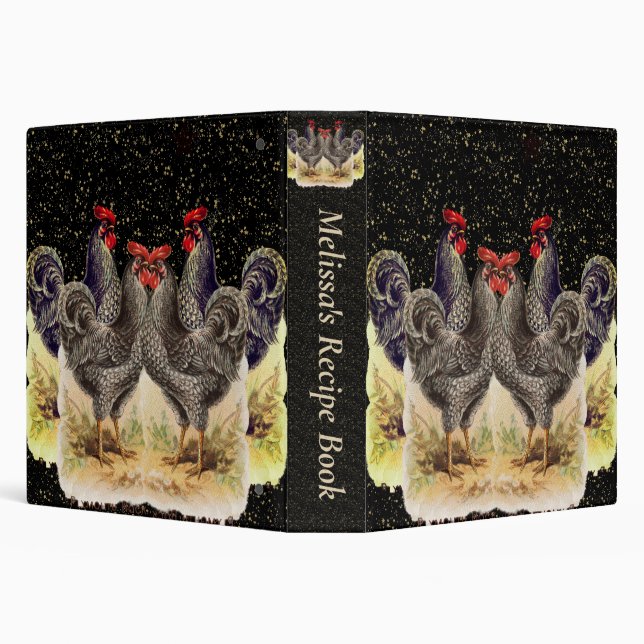 Rooster Black Gold Stars Kitchen Recipe Binder (Background)