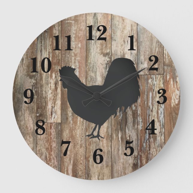 Rooster Black Silhouette Shiplap Rustic Decor  Large Clock (Front)