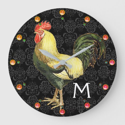 ROOSTER Black White Damask Monogram Large Clock