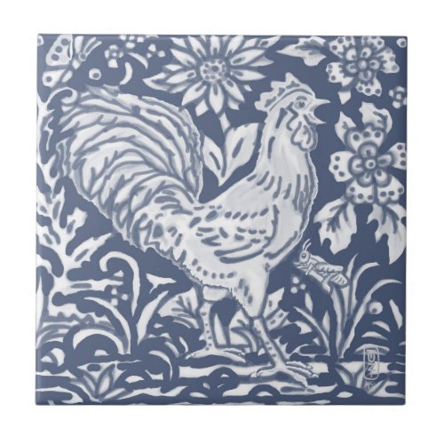 Rooster Blue White Botanical Delft Denim Ceramic T Ceramic Tile