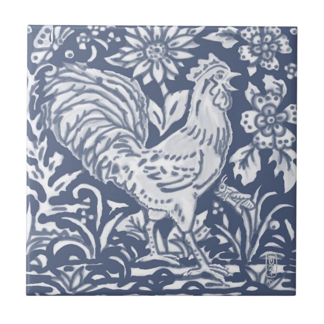 Rooster Blue White Botanical Delft Denim Ceramic T Ceramic Tile (Front)