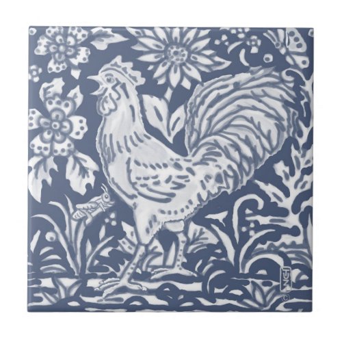 Rooster Blue White Botanical Delft Denim Faces L Ceramic Tile