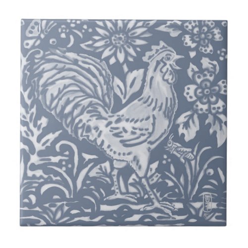 Rooster Blue White Botanical Delft Painting  Ceramic Tile