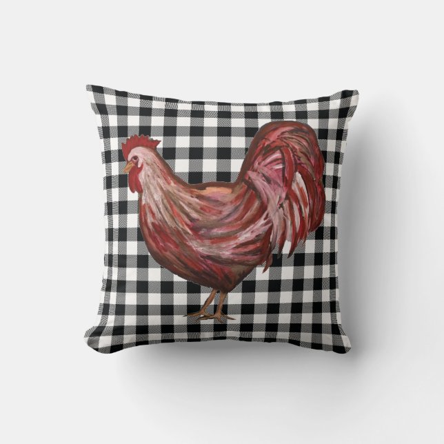 Rooster Buffalo Check Pattern Farmhouse Pillow (Front)