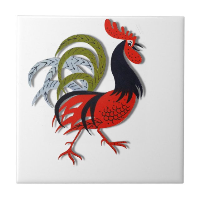 Rooster Cartoon Animated Customize Red Tile (Front)