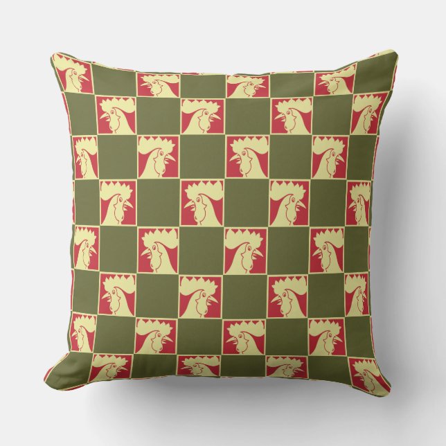 Rooster Checkerboard Pattern Throw Pillow (Front)