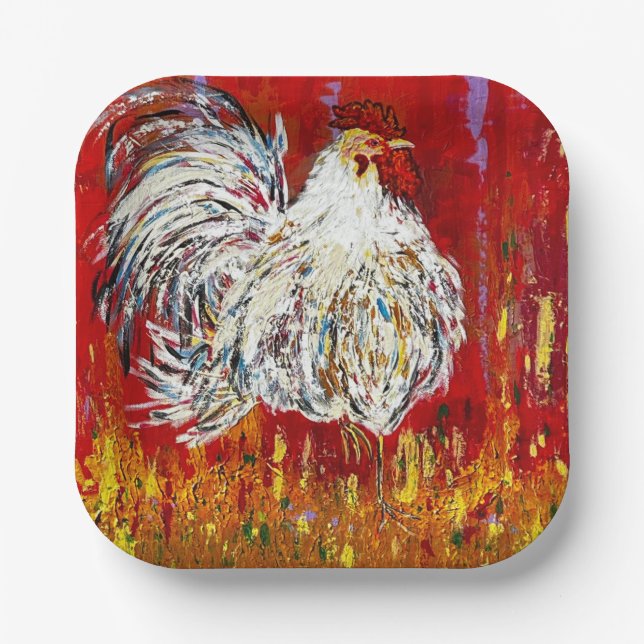 Rooster Chicken 7 inch square paper plates set (Front)