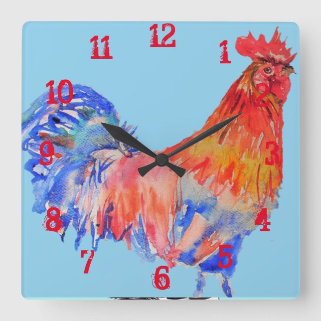 Rooster Chicken Cockerel Childs Boys Nursery Room Square Wall Clock (Front)
