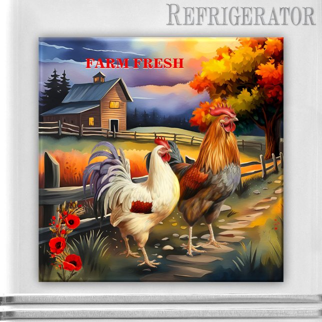 Rooster Chicken Farm Country Kitchen Magnet (Kitchen magnet featuring a colorful painting of a country farm scene with a rooster and chicken)
