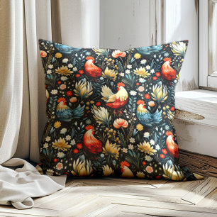 Rooster Chicken Farmhouse Navy Blue Farm Throw Pillow