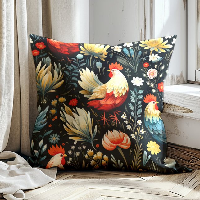 Rooster Chicken Flowers Black Farm  Throw Pillow (Red and cream-colored rooster on black decorator pillow)