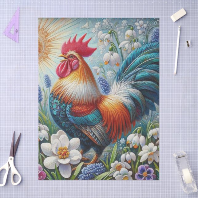 Rooster Chicken Flowers Sun Decoupage  Tissue Paper (Craft)
