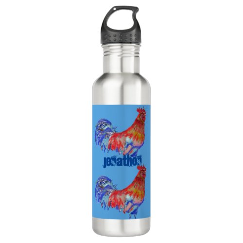 Rooster Chicken Red Blue watercolor art Boys 710 M Stainless Steel Water Bottle
