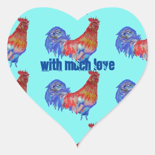 Rooster Chicken Red Blue watercolor art Boys Heart Sticker