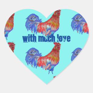 Rooster Chicken Red Blue watercolor art Boys Heart Sticker