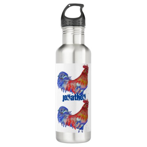 Rooster Chicken Red Blue watercolor art Boys Stainless Steel Water Bottle