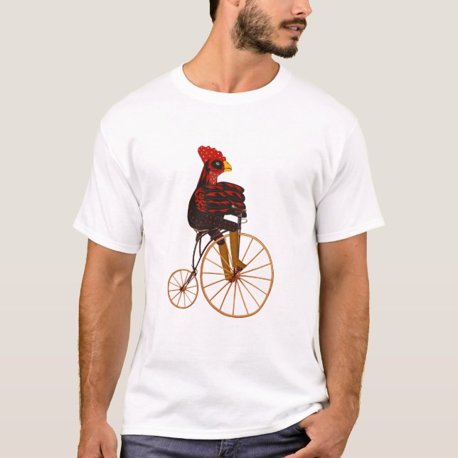 Rooster Chicken Riding A Vintage Bicycle T-Shirt (Front)