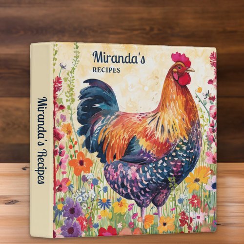 Rooster Chicken Watercolor Flowers Recipe Cookbook 3 Ring Binder