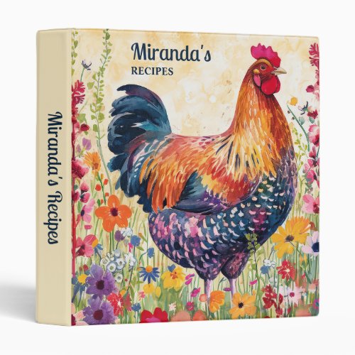 Rooster Chicken Watercolor Flowers Recipe Cookbook 3 Ring Binder