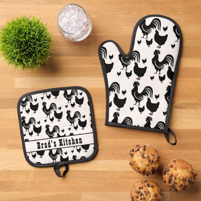 Rooster Chickens Personalized Name Oven Mitt & Pot Holder Set (Top Down)