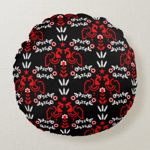 Rooster Cockerel Scandinavian Folk Art Round Pillow