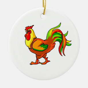 rooster colorful tail green red graphic.png ceramic ornament