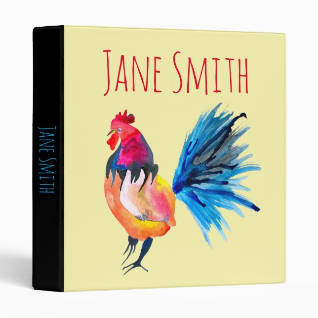 Rooster colorful watercolor illustration 3 ring binder (Front/Spine)
