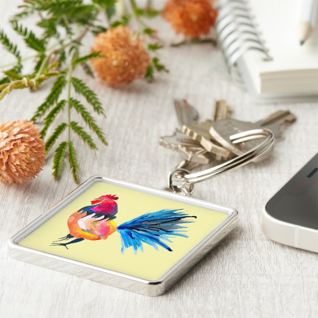 Rooster colorful watercolor illustration keychain (Side)