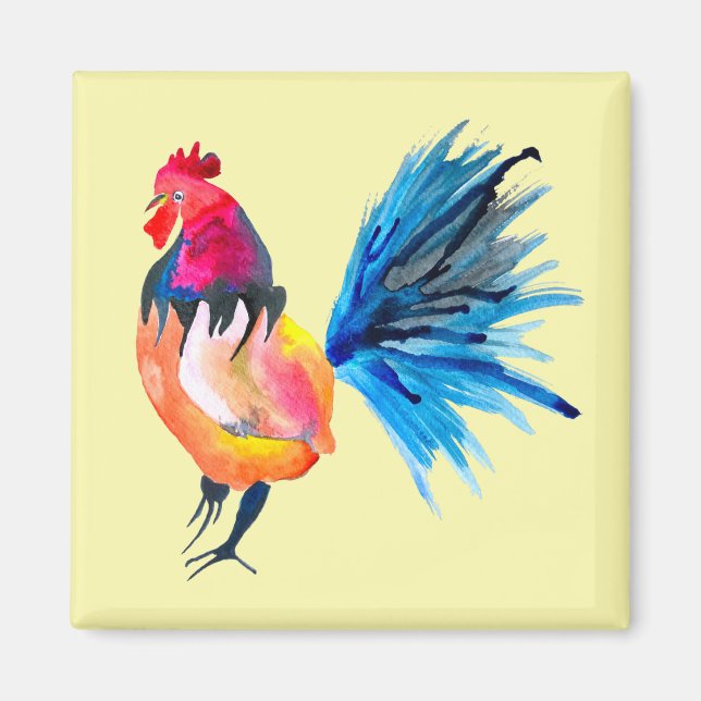 Rooster colorful watercolor illustration magnet (Front)