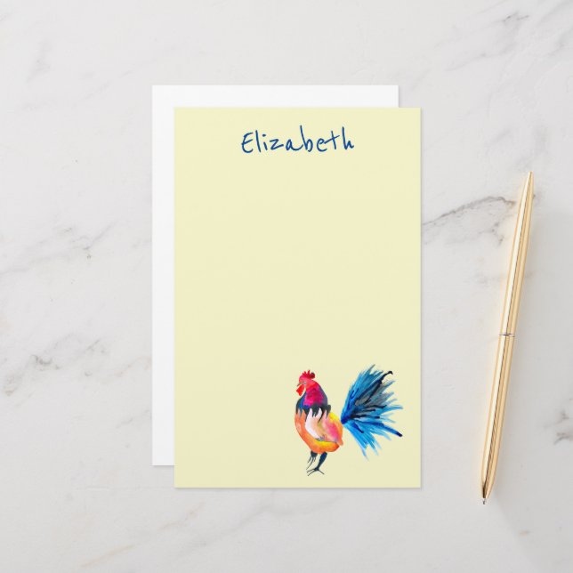 Rooster colorful watercolor illustration stationery (Front/Back In Situ)