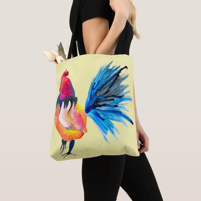 Rooster colorful watercolor illustration tote bag (Close Up)