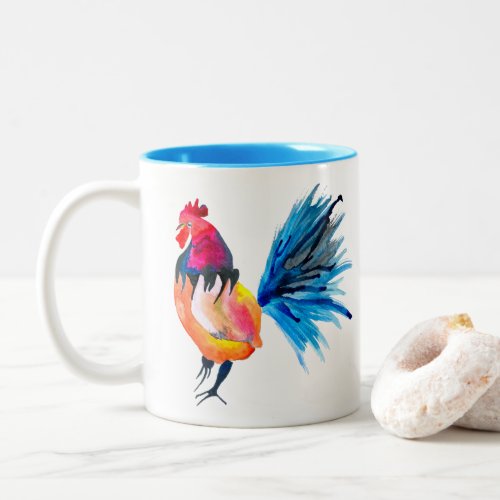 Rooster colorful watercolor illustration Two_Tone coffee mug