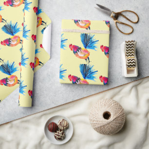 Rooster colorful watercolor illustration wrapping paper